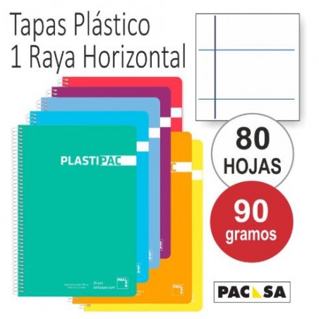 Cuaderno espiral 1 raya - Folio - Tapas plástico papel 90 grs - Plastipac Pacsa